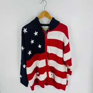 Vintage Quacker Factory USA Flag Hooded Cardigan Size 1X Americana Heritage